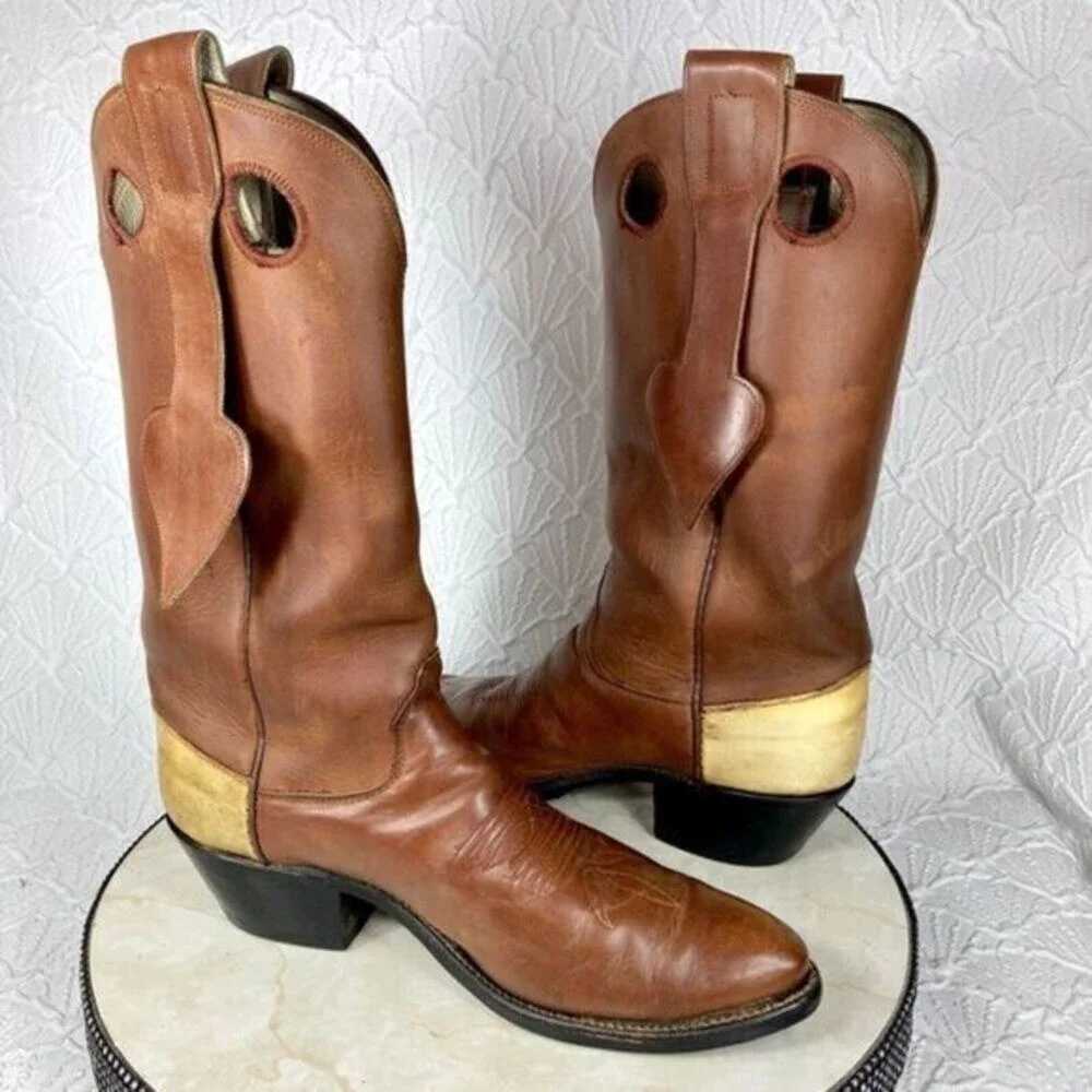 Vintage Olathe Boot Co. Cowboy Boots Mens Brown 9B Leather Mule Ear Western RARE